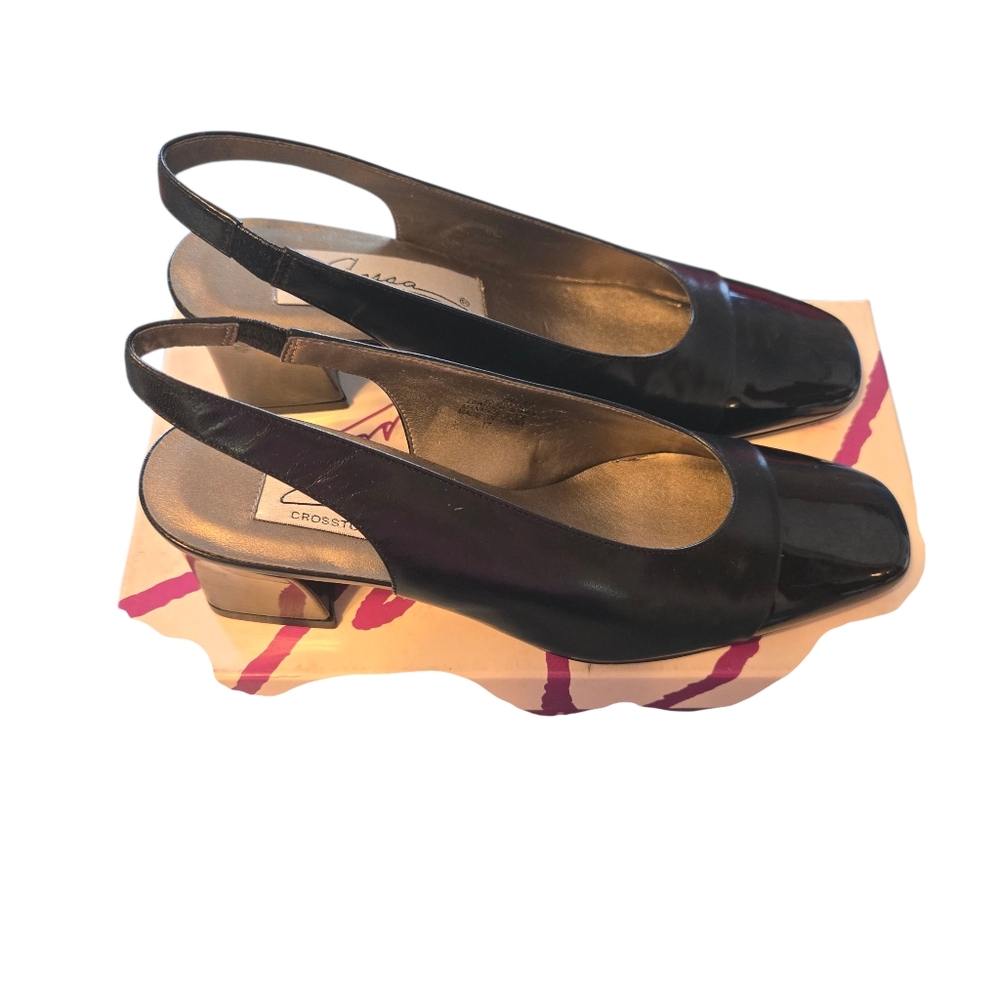 Vintage Caressa Lindy Black Leather Slingback Block Heels Size 8.5M